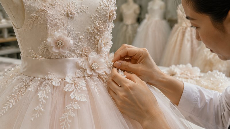 Hand-applied floral and bead craftsmanship detail