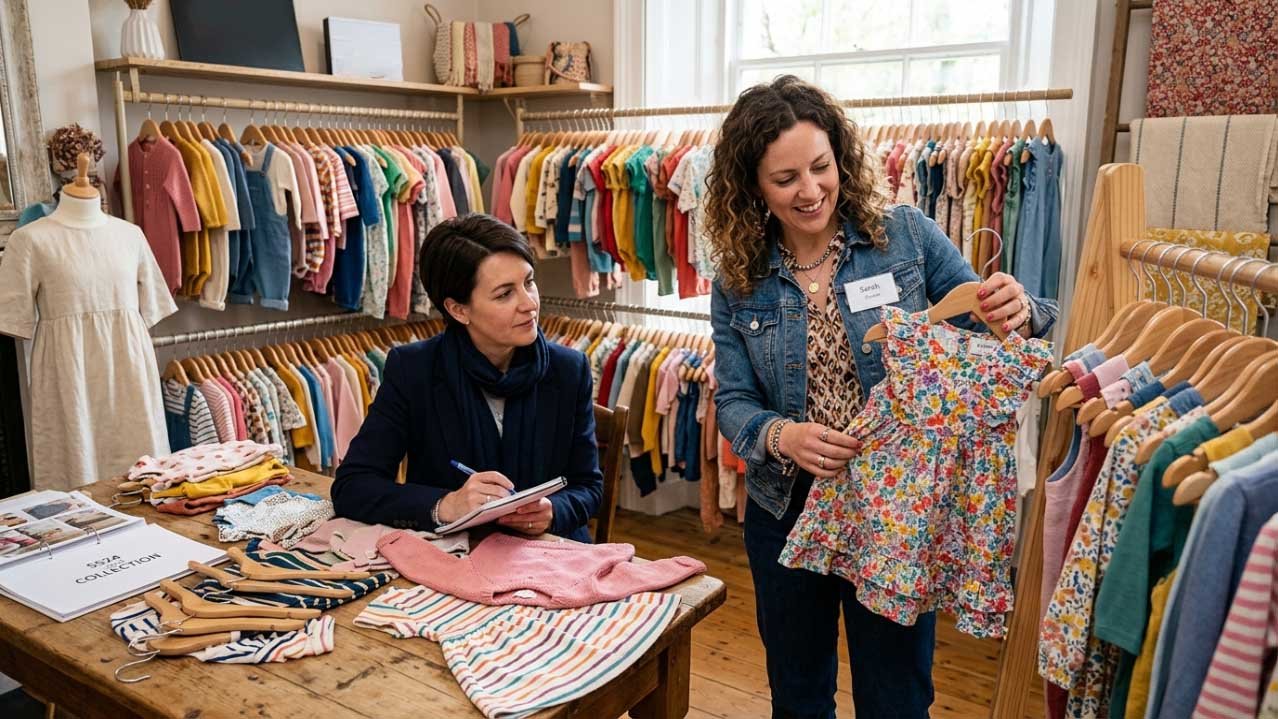 Kids Dress Size Guide: US, UK, EU, CN Size Conversions for Buyers Boutique owner choosing toddler dress styles and sizes