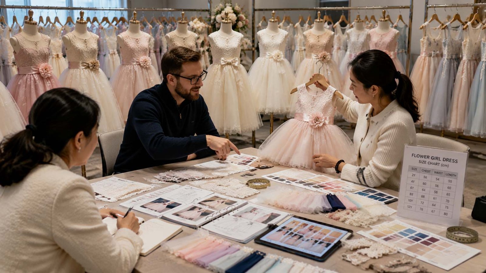 Wholesale buyer planning flower girl dress collections with manufacturer