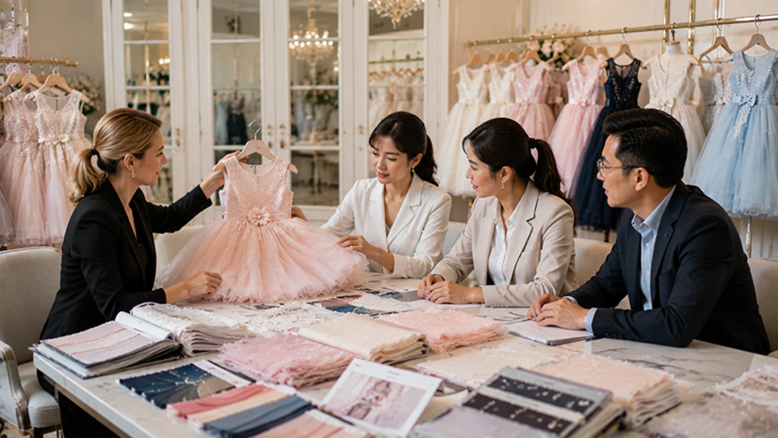 Buyer and kids dress manufacturer reviewing custom party dress samples and materials