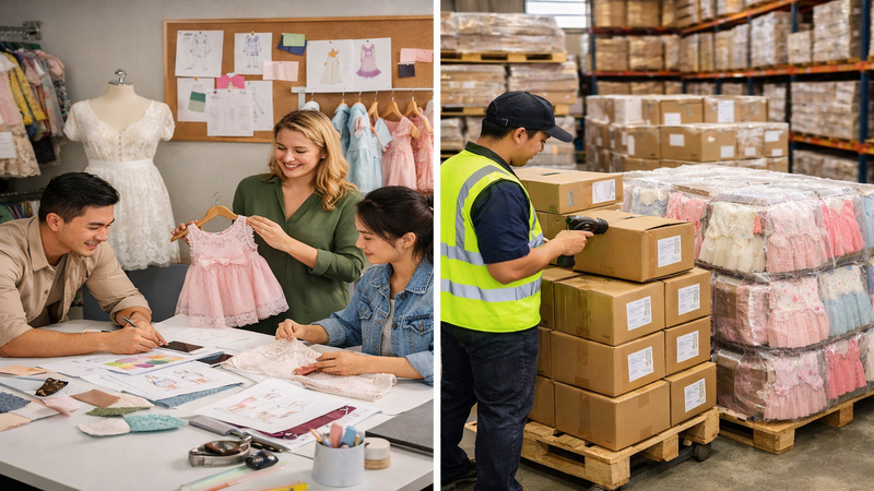 Design team coordinating shipping and packaging for wholesale orders