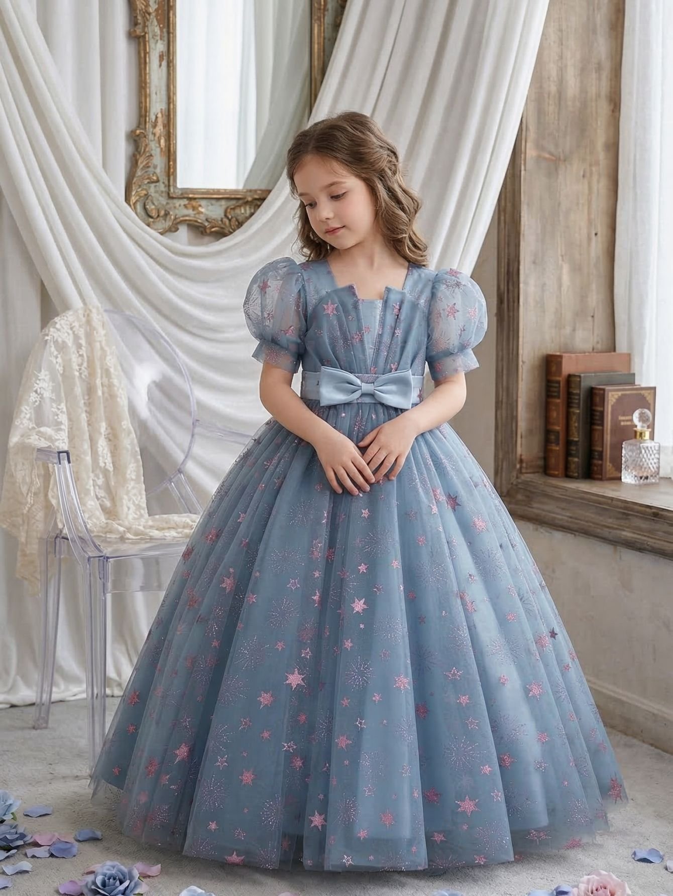 Starry Sequin Dust Blue Princess Dress – Puff Sleeve Girls Party Dress