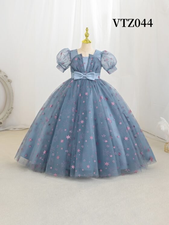 Starry Sequin Dust Blue Princess Dress – Puff Sleeve Girls Party Dress