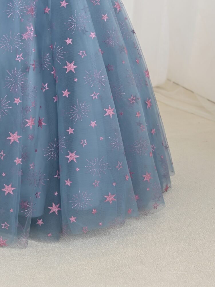 Starry Sequin Dust Blue Princess Dress – Puff Sleeve Girls Party Dress