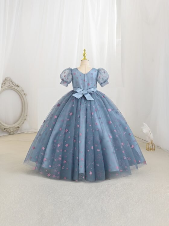 Starry Sequin Dust Blue Princess Dress – Puff Sleeve Girls Party Dress