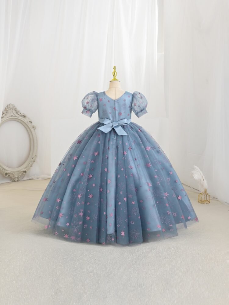 Starry Sequin Dust Blue Princess Dress – Puff Sleeve Girls Party Dress