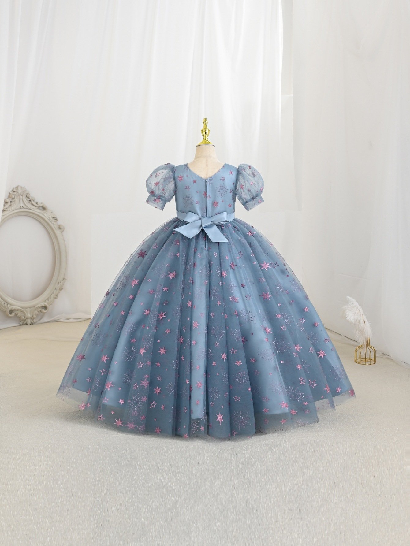 Starry Sequin Dust Blue Princess Dress – Puff Sleeve Girls Party Dress