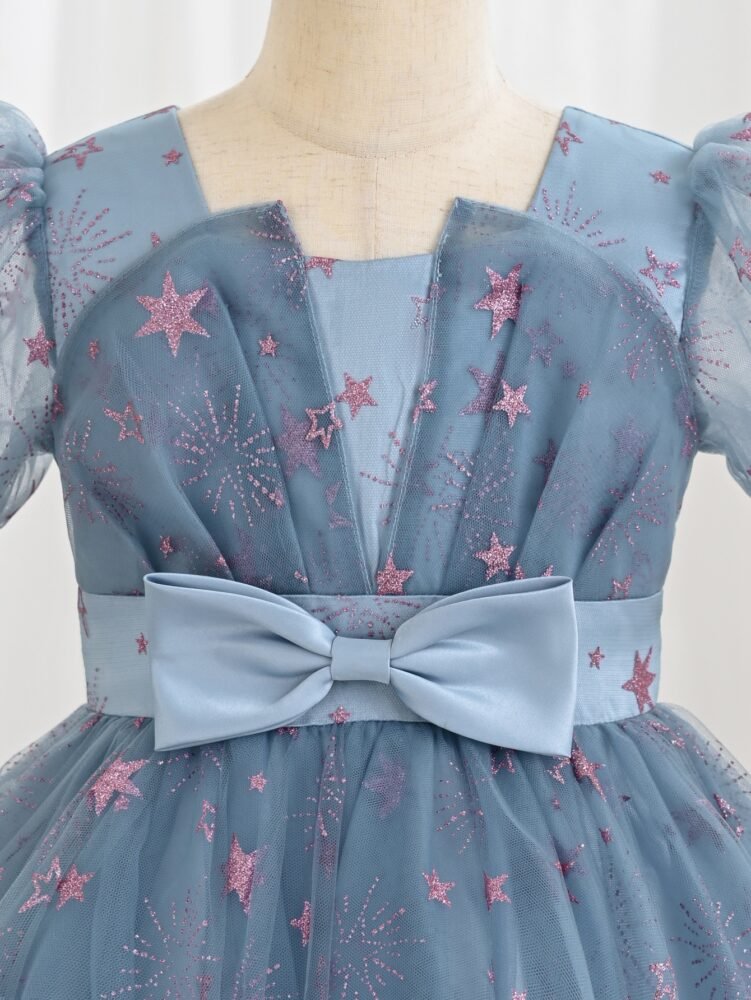 Starry Sequin Dust Blue Princess Dress – Puff Sleeve Girls Party Dress