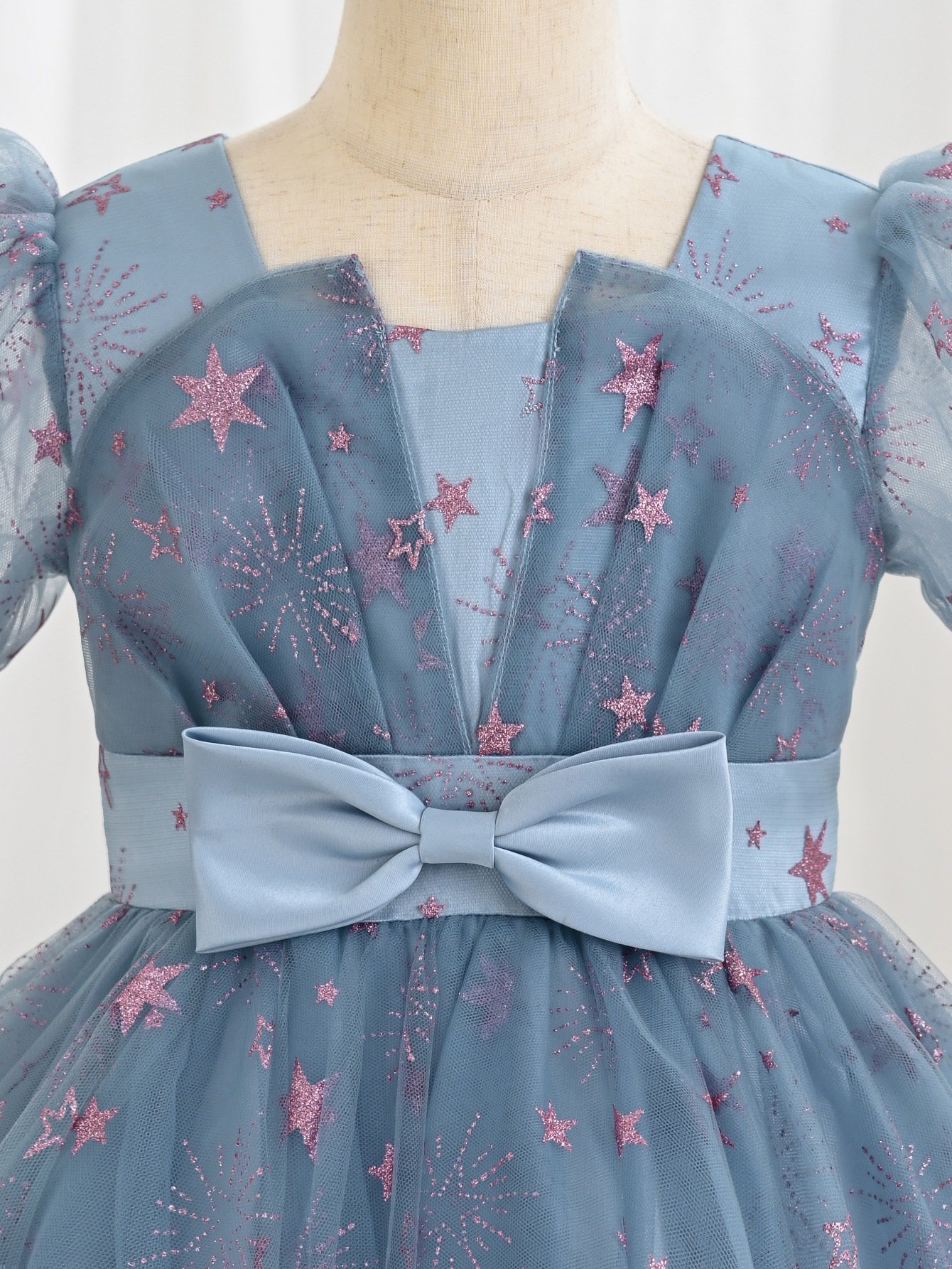 Starry Sequin Dust Blue Princess Dress – Puff Sleeve Girls Party Dress
