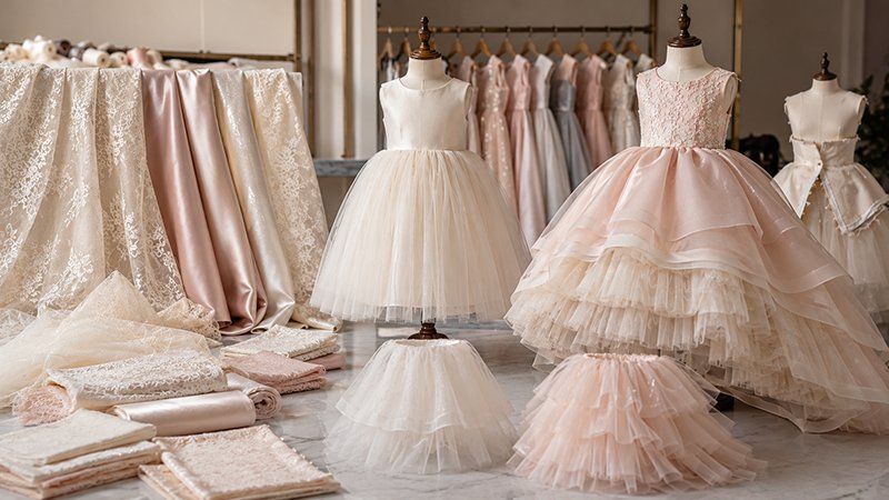 Flower girl dress cost comparison showing fabric, skirt volume and decoration differences