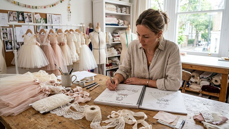 Flower girl dress design process showing sketches, fabric swatches and embellishment samples
