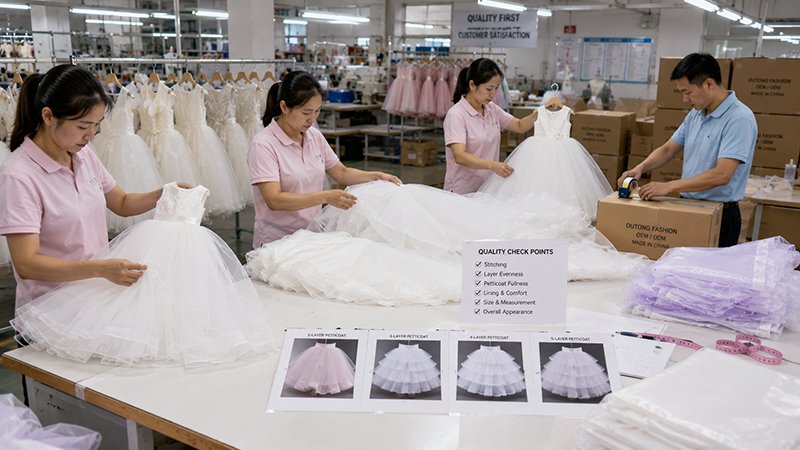 Flower girl dress production showing petticoat structure and packaging details