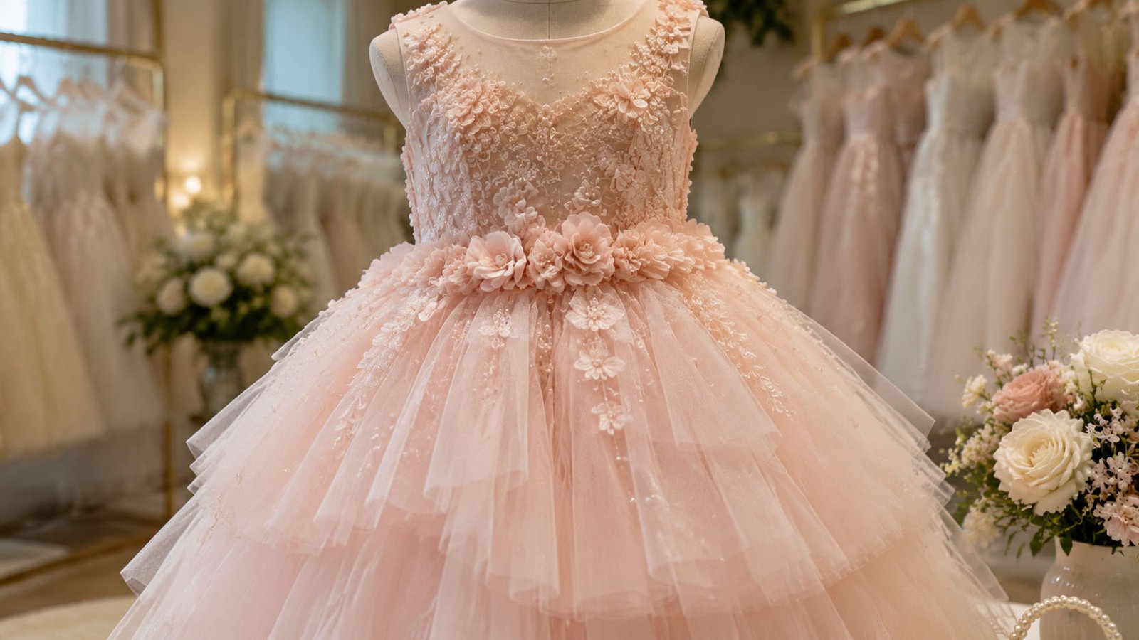 Wholesale flower girl dresses in pink ruffled tulle