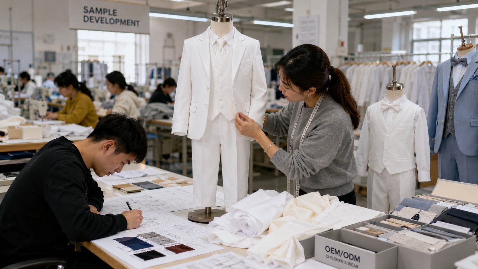 Custom Dress Sampling Process: Proto vs. Pre-Production Samples Formal kids wear sample development in a factory