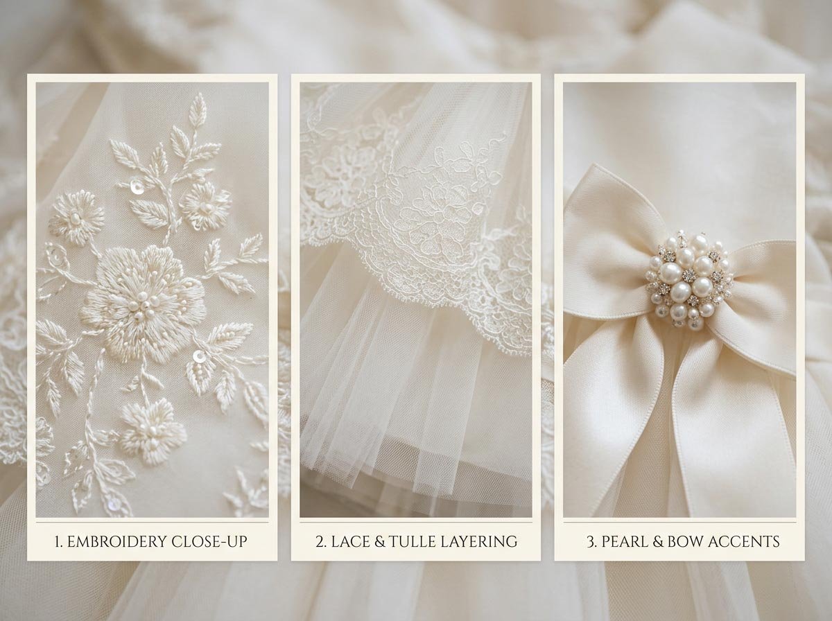5 Dress Styles Trending in US Boutiques This Season Embroidery lace tulle pearl detail close up on a premium girls dress
