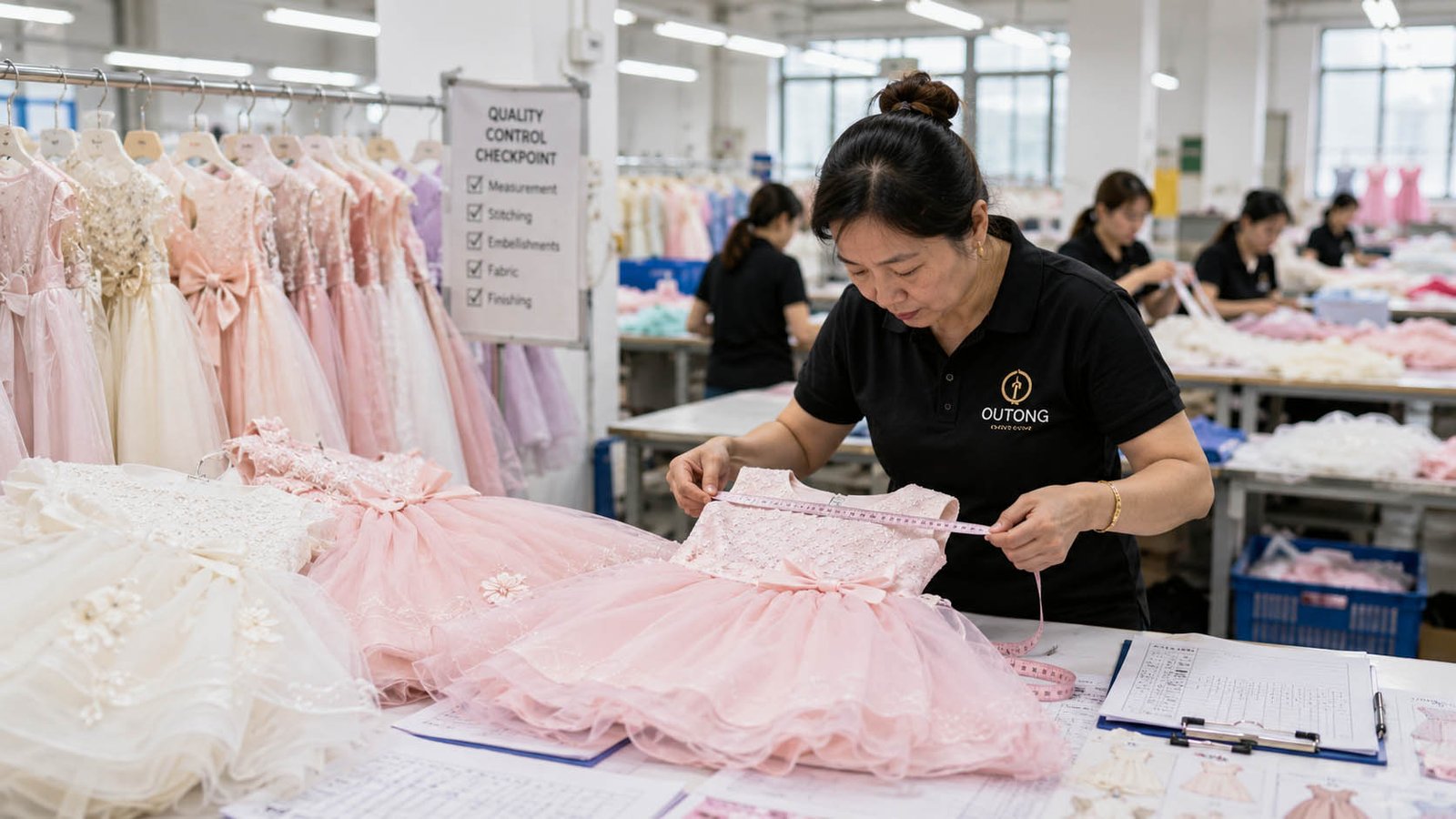 CPSC Drawstring Rules for Girls' Dresses: Compliance Checklist Quality inspection of girls dresses during production in a childrenswear factory
