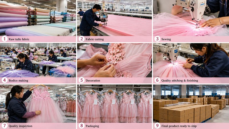 Sustainable Fabrics for Kids Dresses: A Buyer's Guide to Eco Options Girls dress tulle fabric manufacturing process in a childrenswear factory