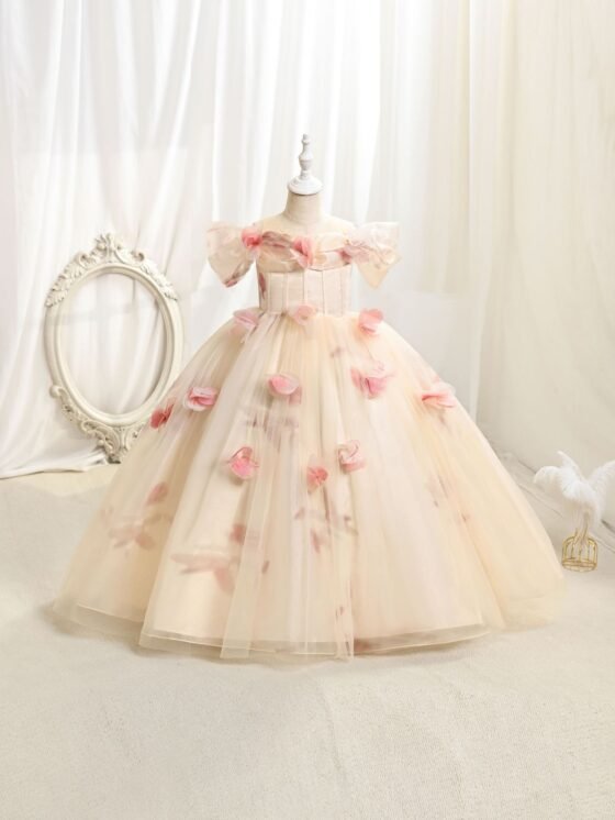 Wholesale Girls Off-Shoulder Floral Princess Dress – Tulle Tutu Gown