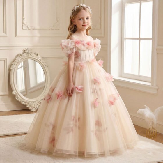 Wholesale Girls Off-Shoulder Floral Princess Dress – Tulle Tutu Gown