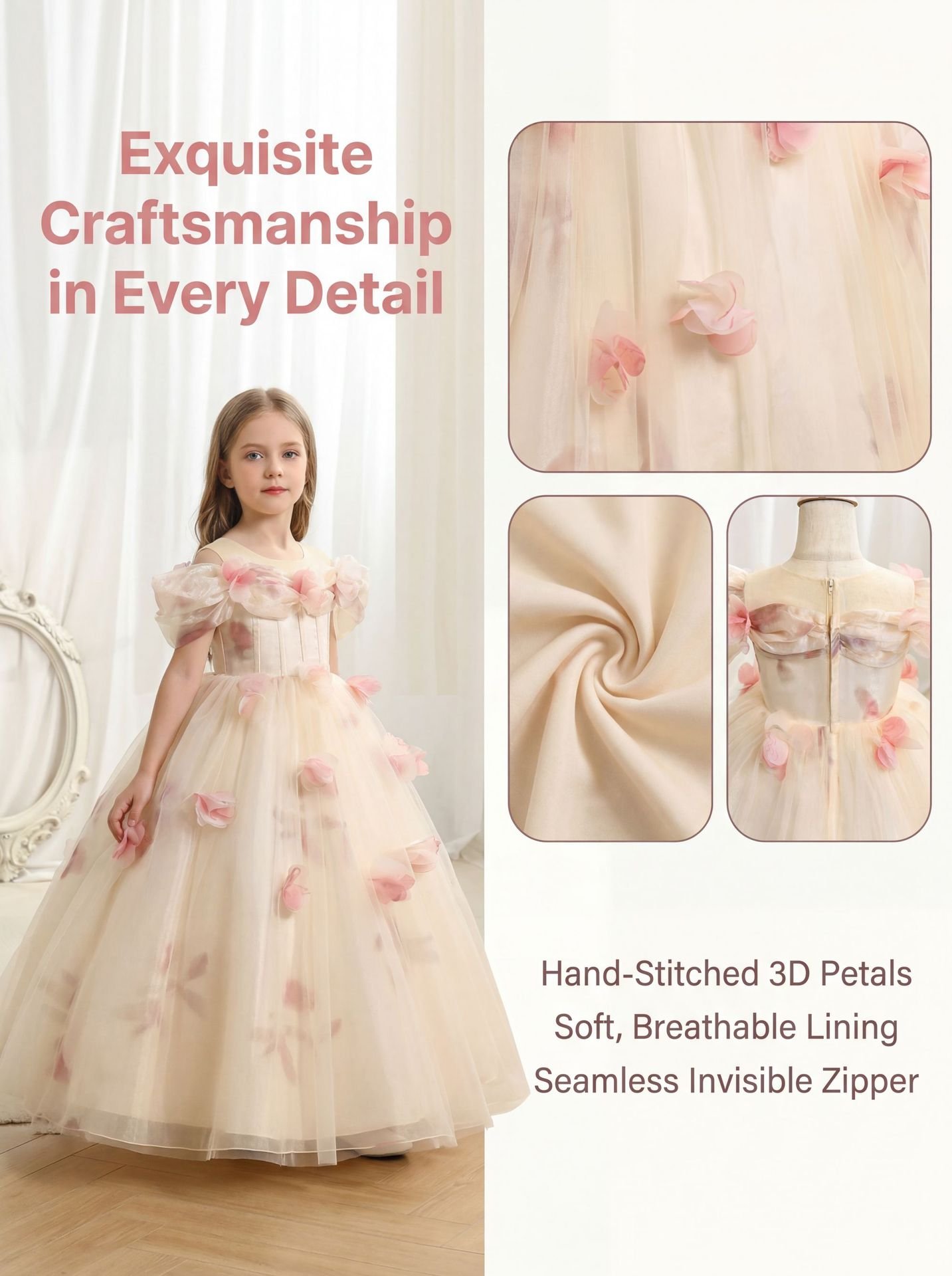Wholesale Girls Off-Shoulder Floral Princess Dress – Tulle Tutu Gown