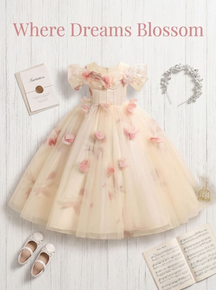 Wholesale Girls Off-Shoulder Floral Princess Dress – Tulle Tutu Gown