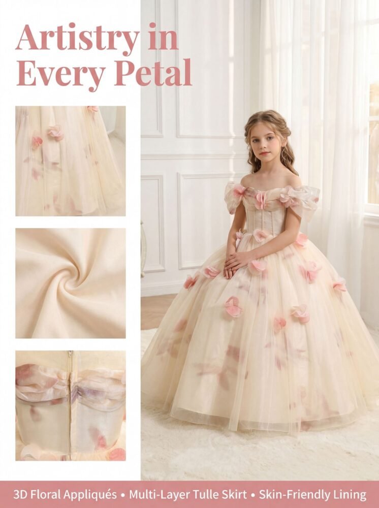 Wholesale Girls Off-Shoulder Floral Princess Dress – Tulle Tutu Gown
