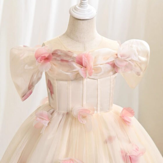 Wholesale Girls Off-Shoulder Floral Princess Dress – Tulle Tutu Gown