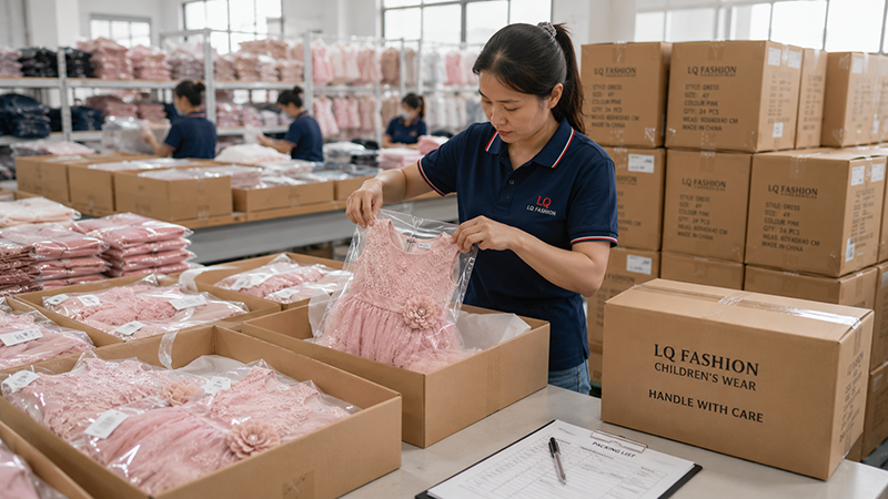 Kids clothing packaging and shipping preparation for wholesale orders