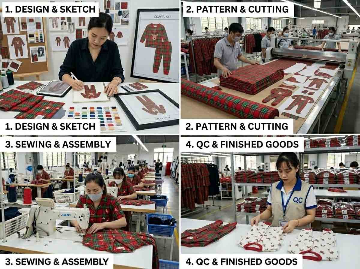 Kids clothing production process showing design sampling and bulk production stages