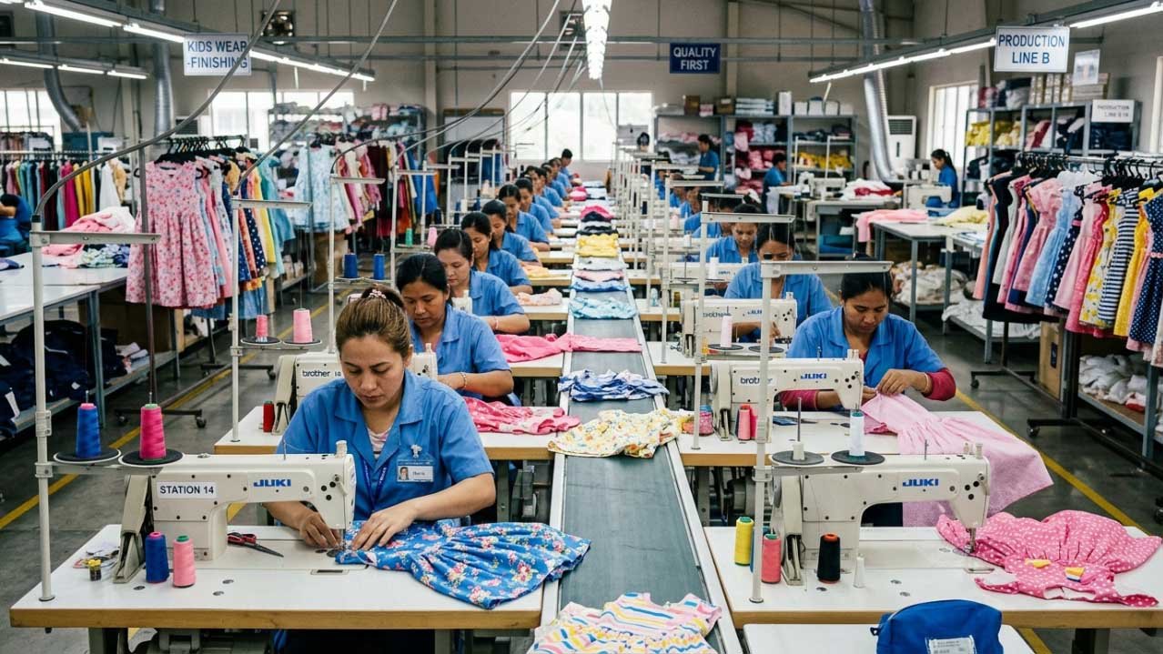 How to Import Kids Dresses from China: Complete Guide 2026 A children dress manufacturing factory production floor showing sewing lines and workstations