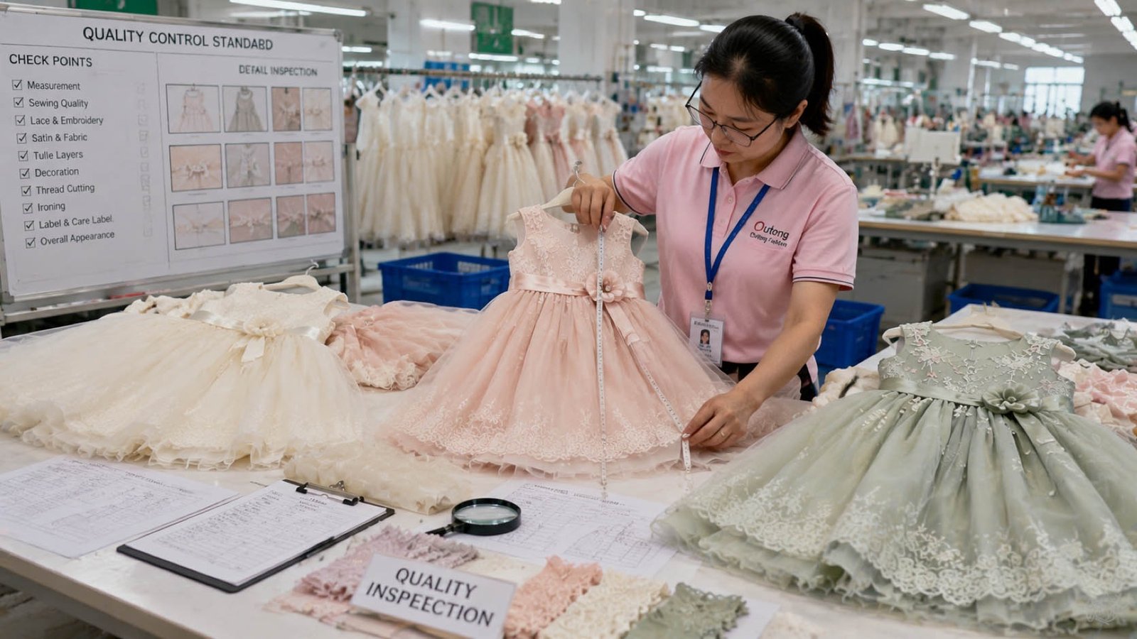 Quality inspector measuring a flower girl dress during final quality control