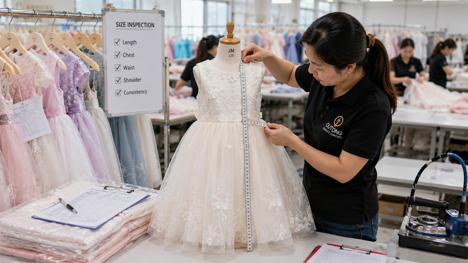 How to Inspect Bulk Kids Dresses: An AQL 2.5 Inspection Guide Quality inspector measuring girls dresses for size consistency