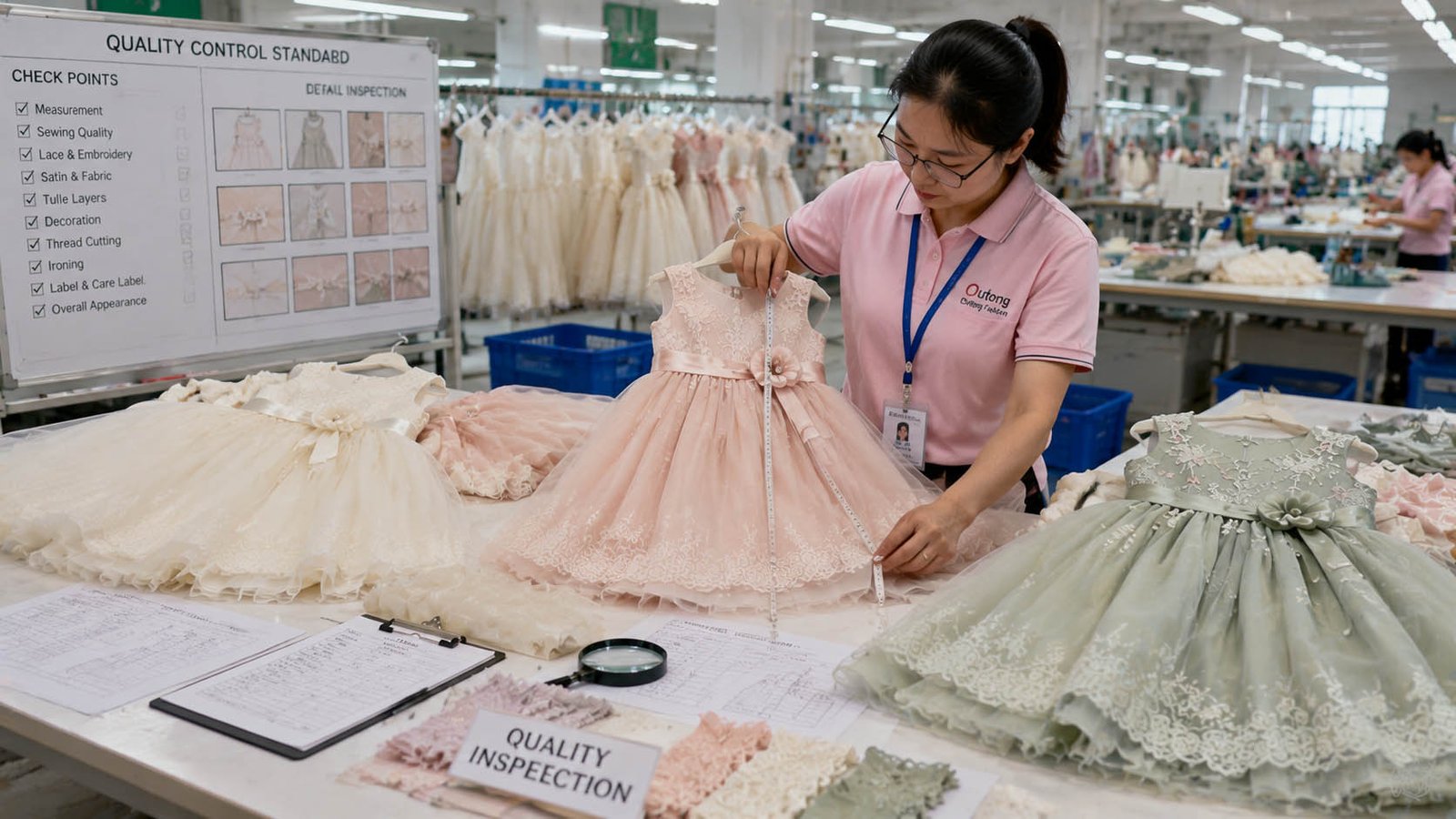 Rigorous quality control process on kids dress production line