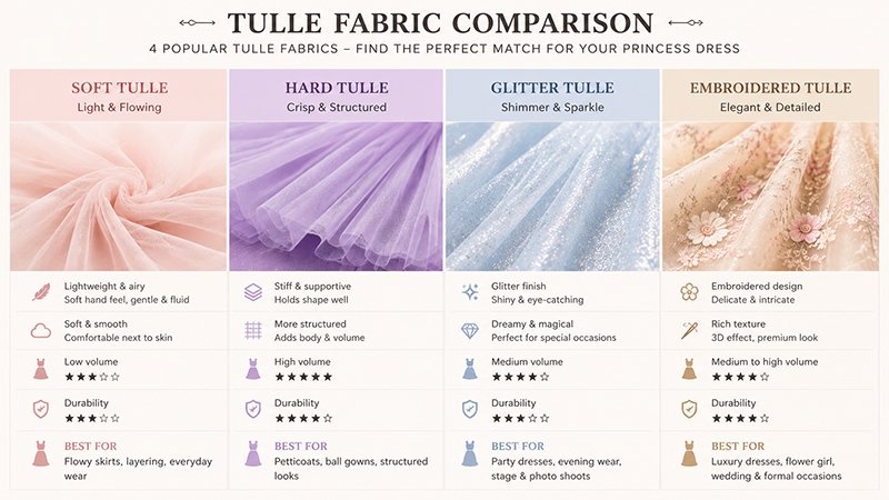 Sustainable Fabrics for Kids Dresses: A Buyer's Guide to Eco Options Tulle types comparison including soft hard glitter and embroidered varieties