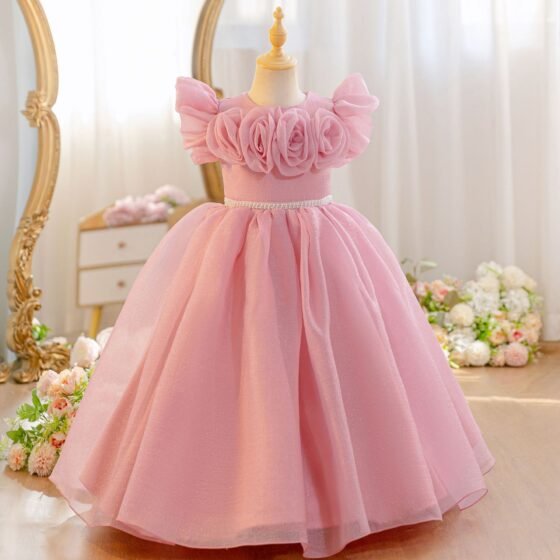 Girls 3D Rose Flower Girl Dress Shimmer Tulle Princess Birthday Gown - Pink Front View