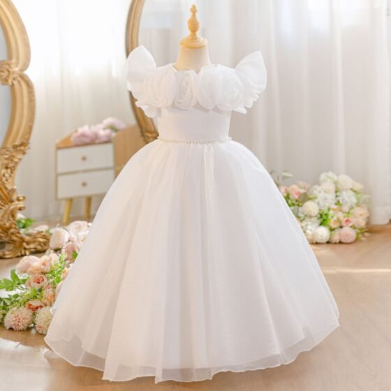 Girls 3D Rose Flower Girl Dress Shimmer Tulle Princess Birthday Gown - White Side View