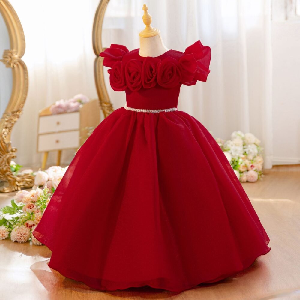 Girls 3D Rose Flower Girl Dress Shimmer Tulle Princess Birthday Gown - Burgundy Front View
