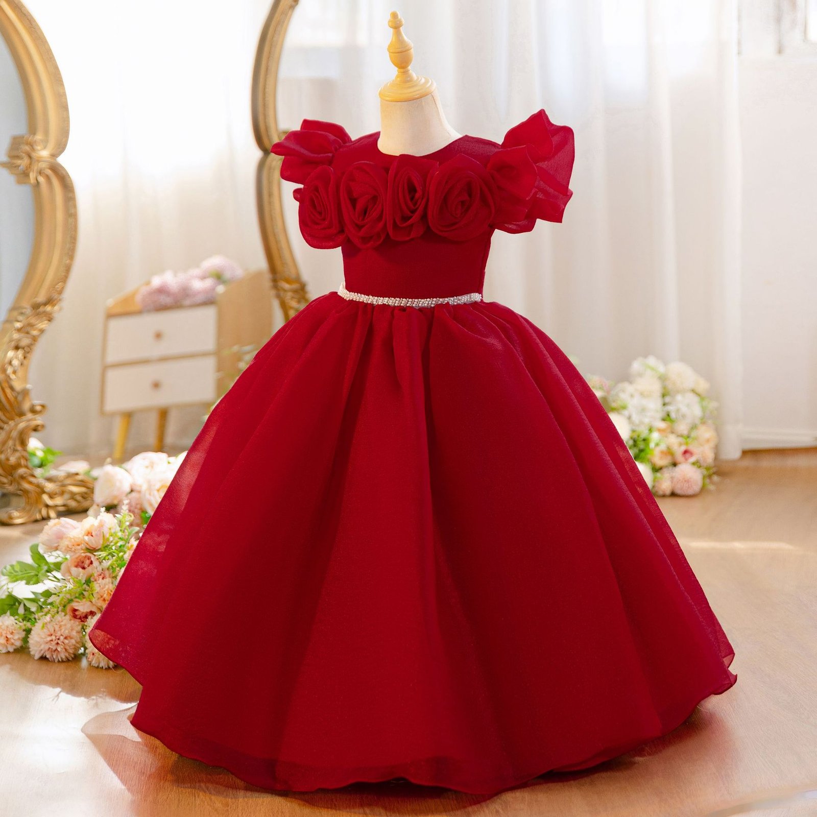 Girls 3D Rose Flower Girl Dress Shimmer Tulle Princess Birthday Gown - Burgundy Front View