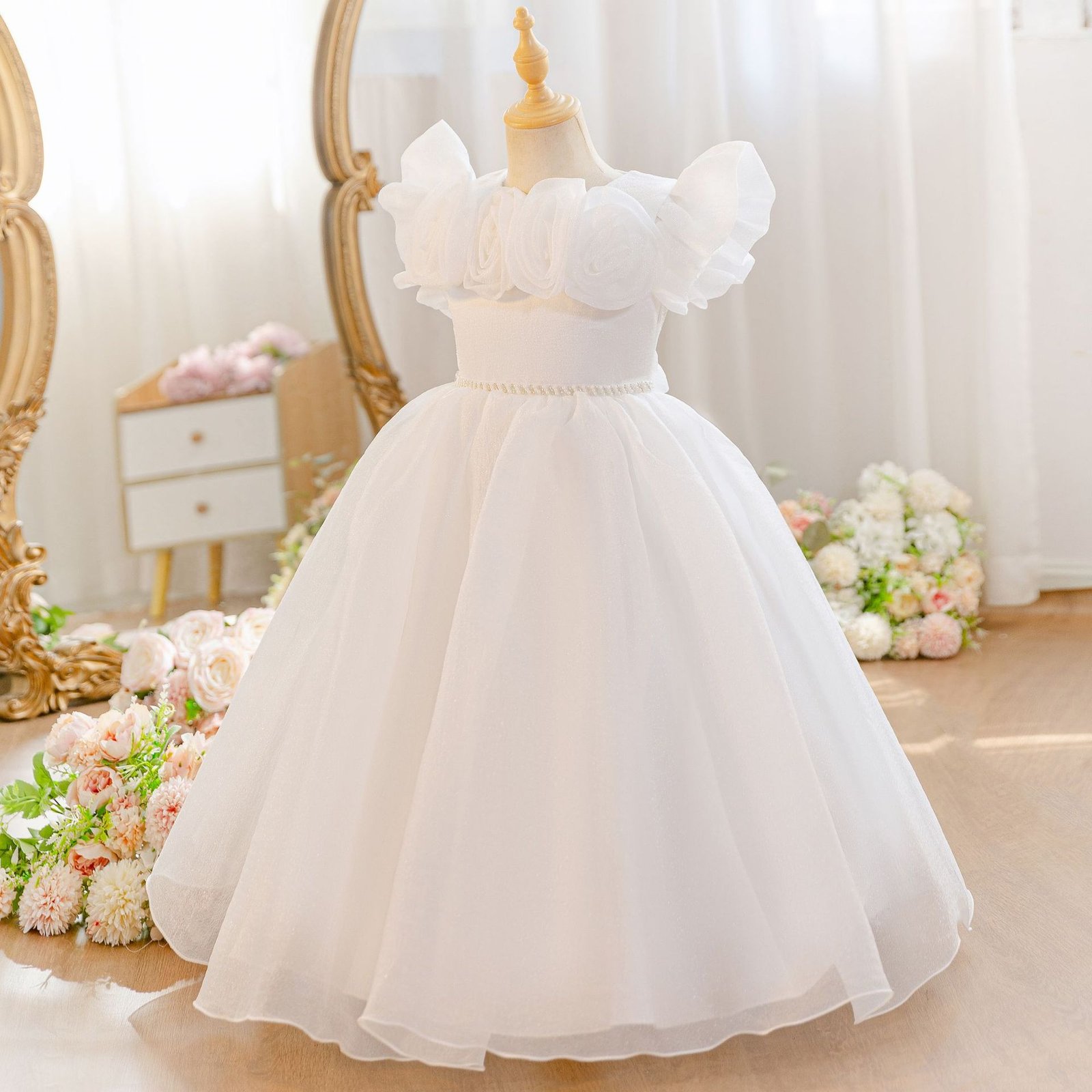 Girls 3D Rose Flower Girl Dress Shimmer Tulle Princess Birthday Gown - White Front View
