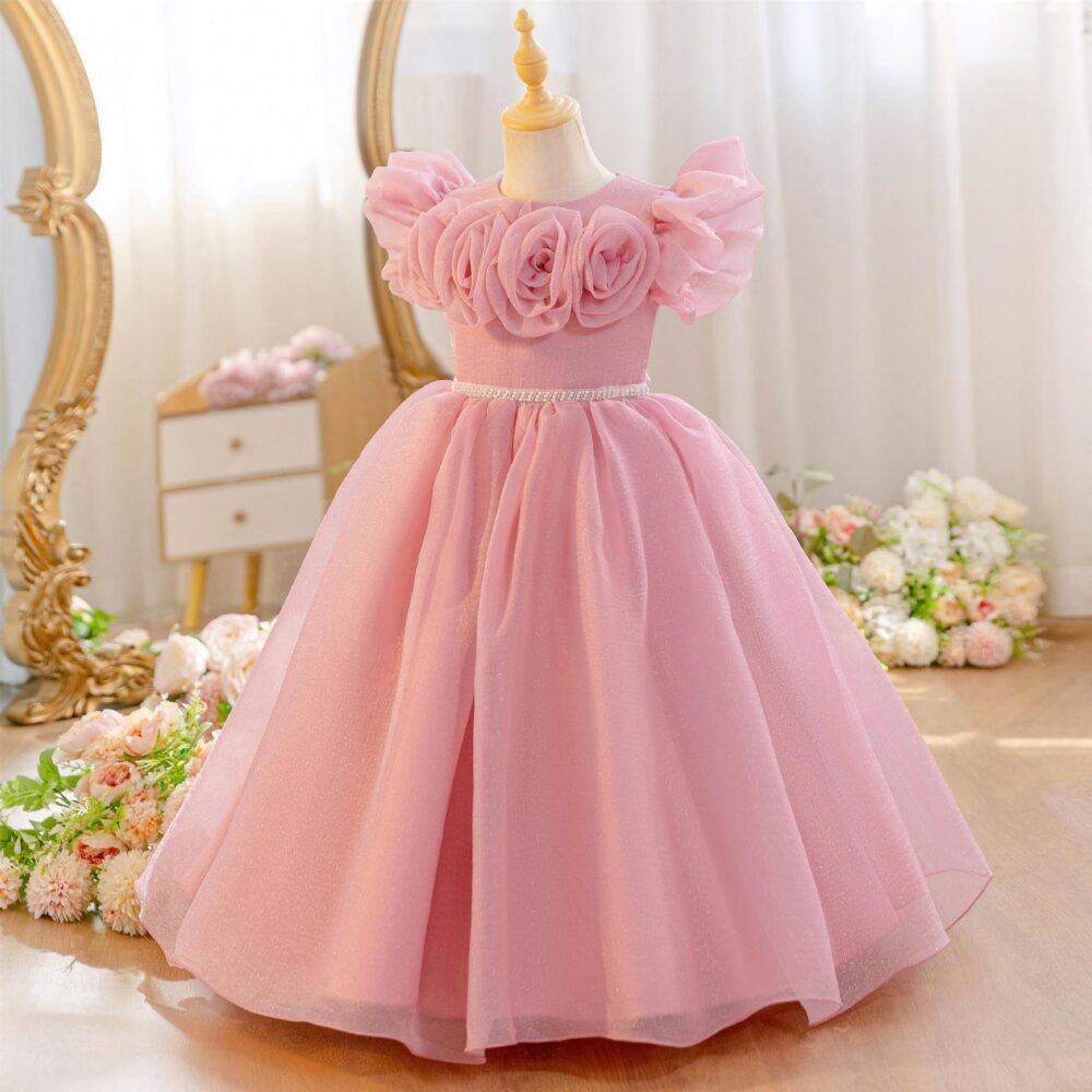 Girls 3D Rose Flower Girl Dress Shimmer Tulle Princess Birthday Gown - Blush Pink Front View