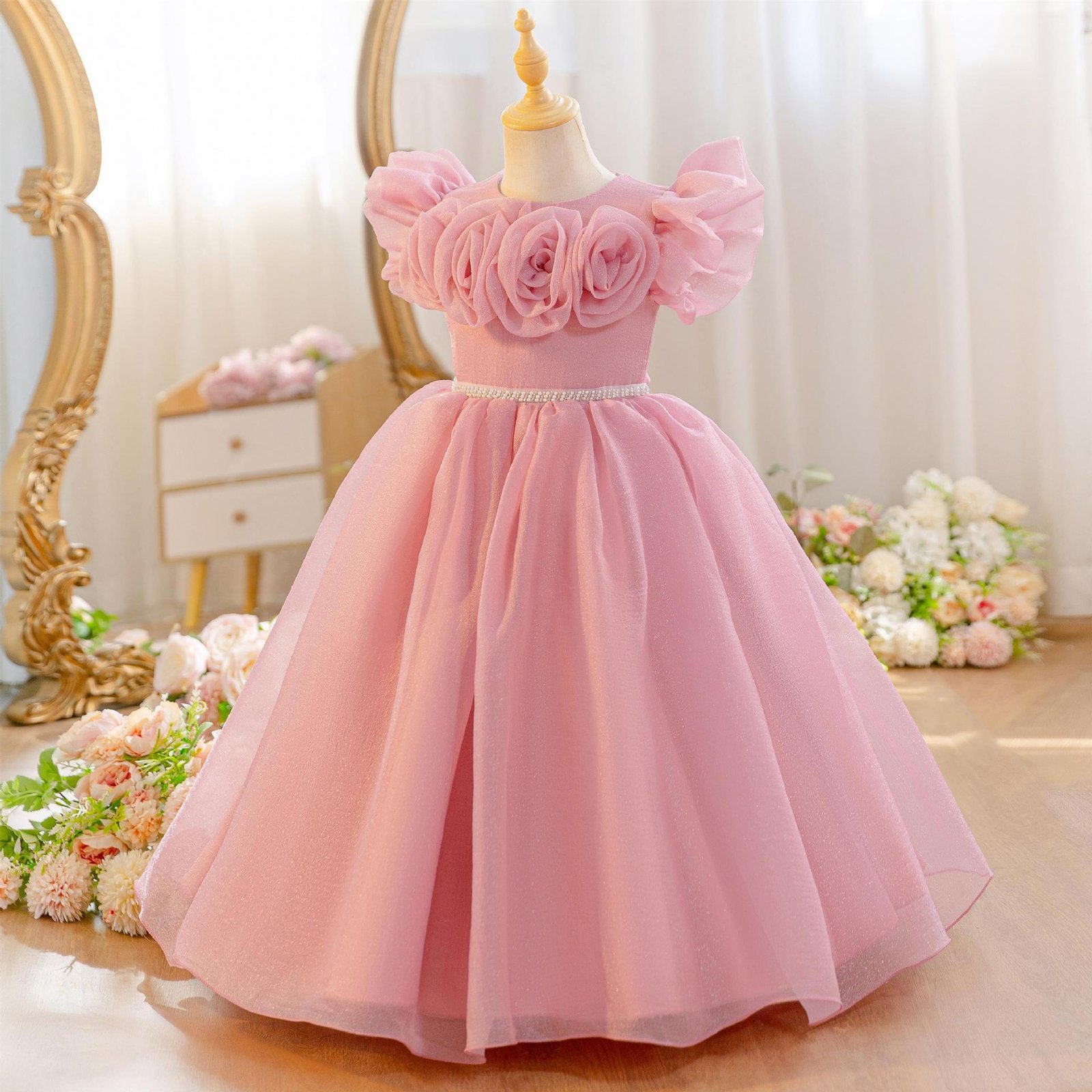 Girls 3D Rose Flower Girl Dress Shimmer Tulle Princess Birthday Gown - Blush Pink Front View