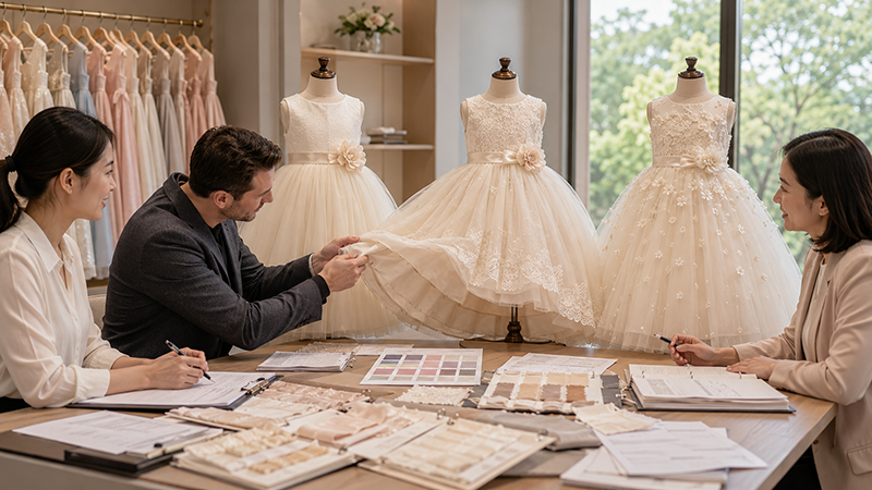 How to Import Kids Dresses from China: Complete Guide 2026 Wholesale buyer comparing flower girl dress samples with a girls dress manufacturer
