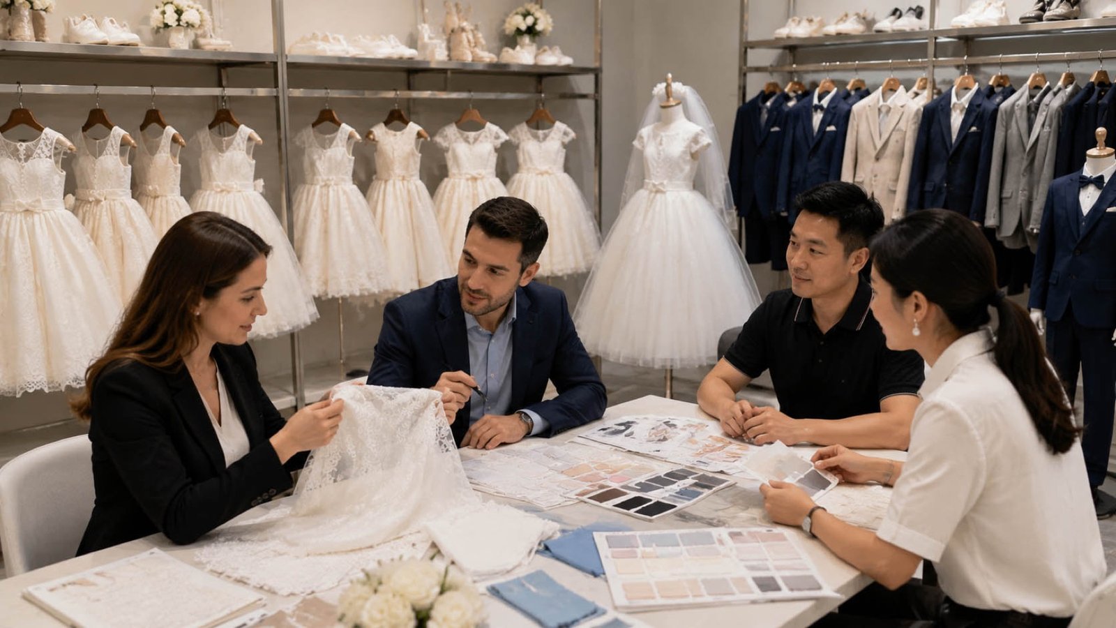 Wholesale first communion dresses and formal boys suits in a showroom