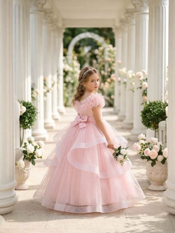 Wholesale Girls Feather Trim Flower Girl Dress – Tulle Party Gown - Dresses
