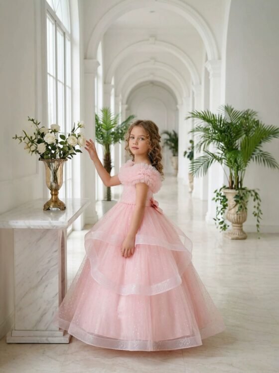 Wholesale Girls Feather Trim Flower Girl Dress – Tulle Party Gown - Dresses