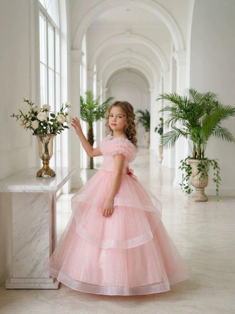 Wholesale Girls Feather Trim Flower Girl Dress – Tulle Party Gown - Dresses