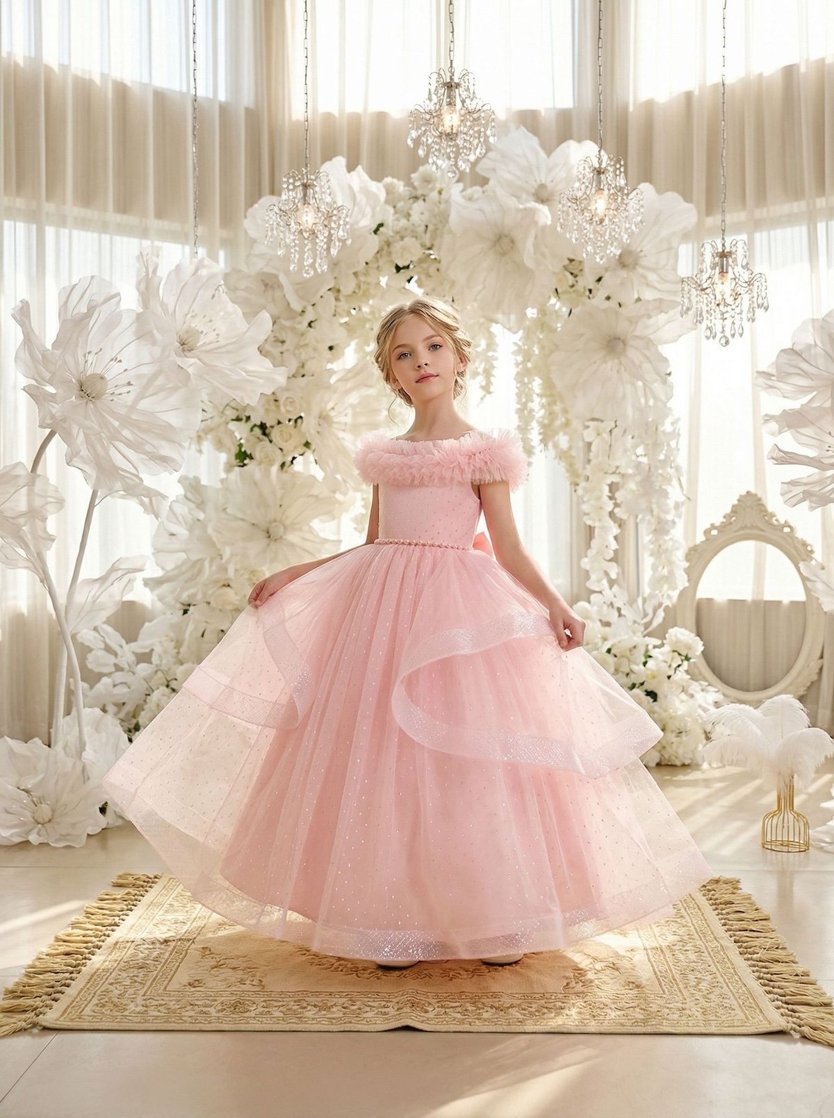 Wholesale Girls Feather Trim Flower Girl Dress – Tulle Party Gown - Dresses