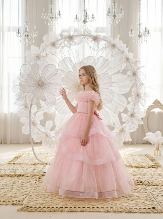 Wholesale Girls Feather Trim Flower Girl Dress – Tulle Party Gown - Dresses