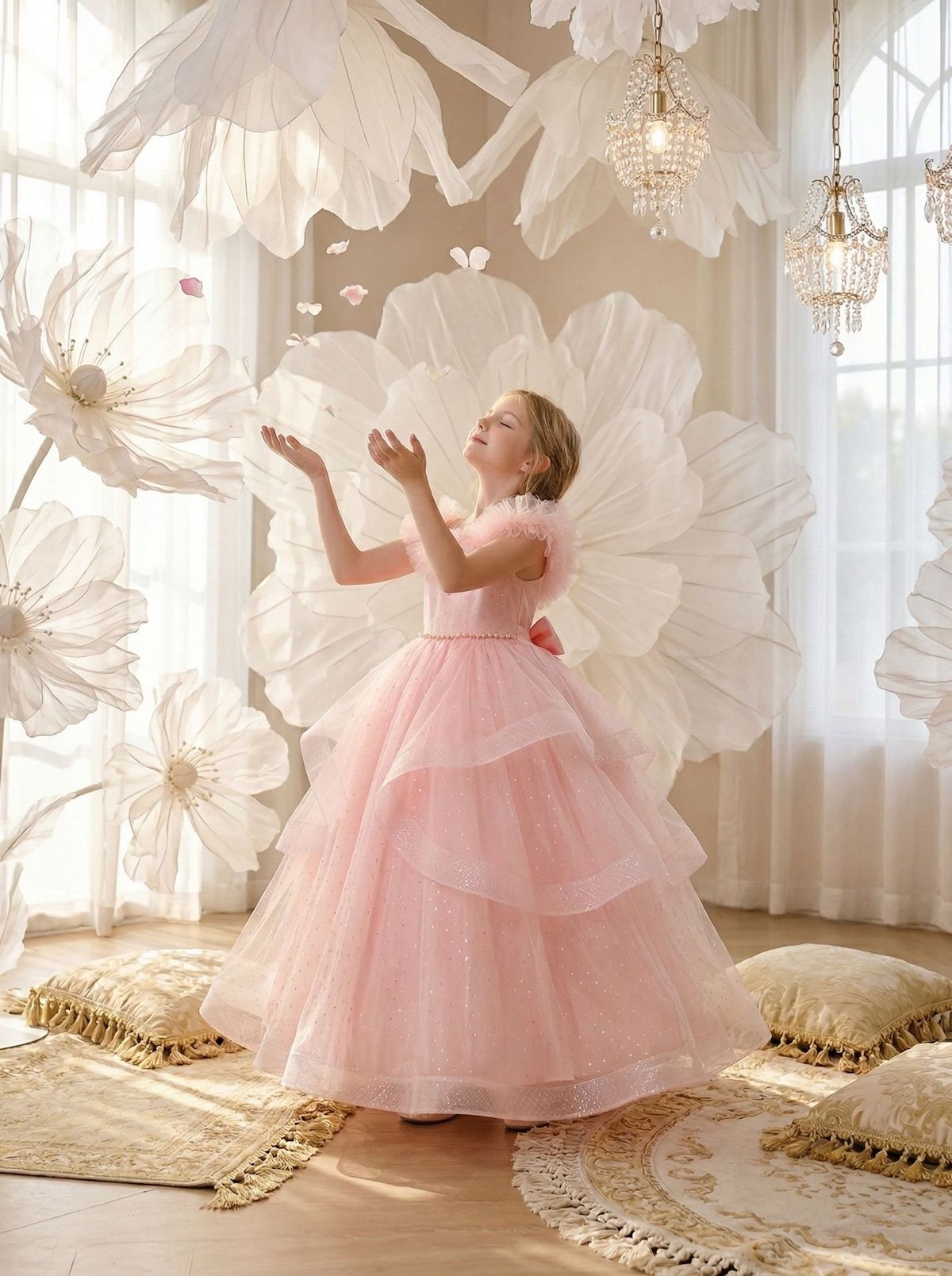 Wholesale Girls Feather Trim Flower Girl Dress – Tulle Party Gown - Dresses