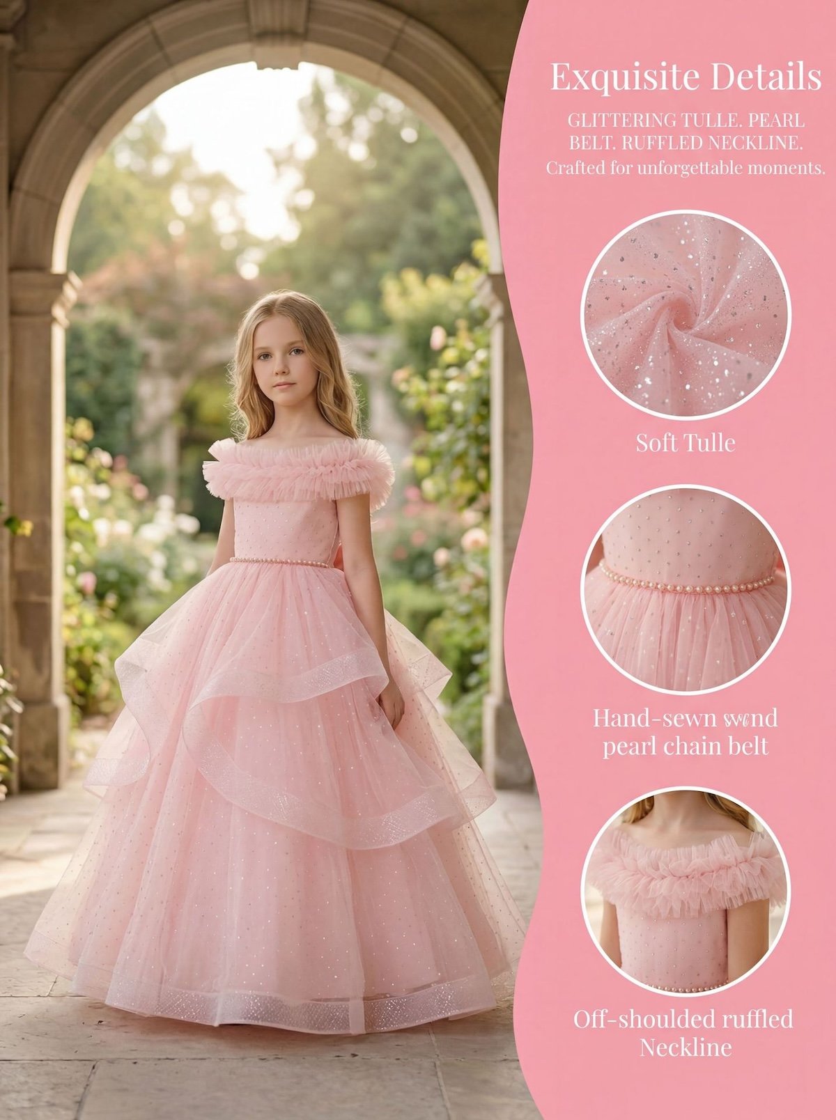 Wholesale Girls Feather Trim Flower Girl Dress – Tulle Party Gown - Dresses